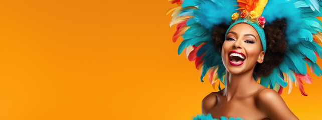 happy woman in carnival costume on color background, generative ai