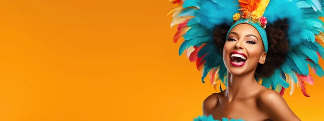 Papier Peint photo autocollant Brésil happy woman in carnival costume on color background, generative ai