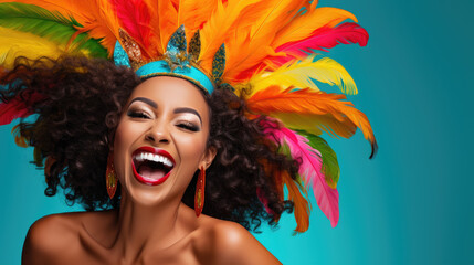 happy woman in carnival costume on color background, generative ai - obrazy, fototapety, plakaty