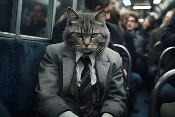 Cat wearing suit sitting in the metro