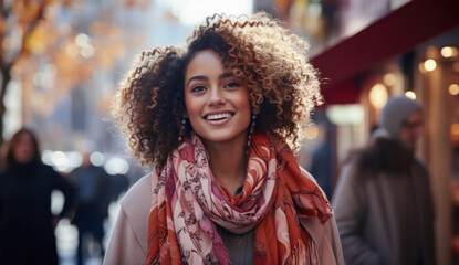 Young African American woman on a winter holiday exploring the city streets.