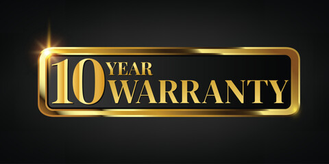 10 year warranty logo with golden banner and golden ribbon.Vector illustration.