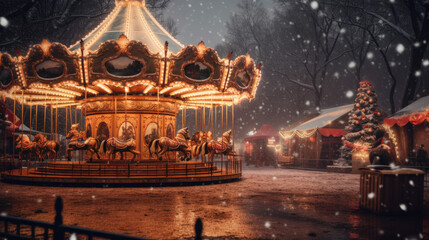 A festive Christmas market with a carousel and festive lights.