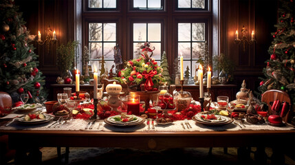 Fototapeta na wymiar christmas table setting with holiday feast