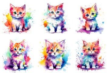 A set of six watercolor kittens, watercolor clipart on white background.