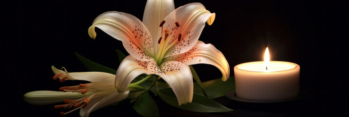a Beautiful lily and burning candle on black background.