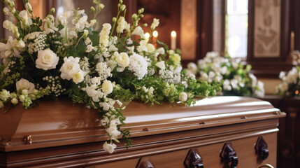 Fototapeta na wymiar a Funeral ceremony, Coffin in the church with white flowers.
