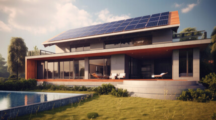Fototapeta na wymiar A house with solar panels on the roof. Concept of Sustainable and clean energy at home.