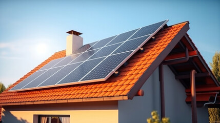 Fototapeta premium A house with solar panels on the roof. Concept of Sustainable and clean energy at home.