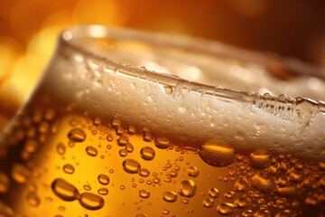 Close up background of beer with bubbles in glass. Pouring beer with bubble froth in glass for background on front view wave curve shape.