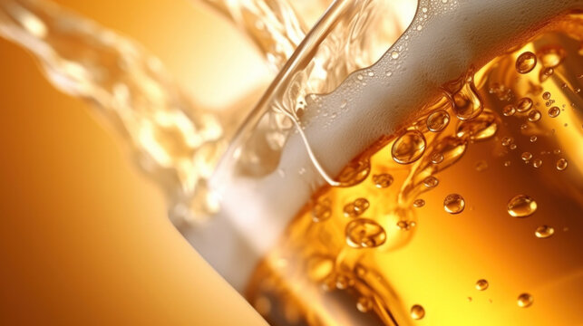 Close up background of beer with bubbles in glass. Pouring beer with bubble froth in glass for background on front view wave curve shape.