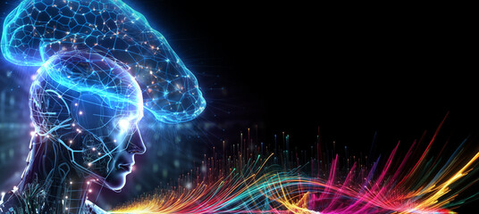 Brain and Human form hologram creativity concept, futuristic blue light and wave on black background , copy space banner