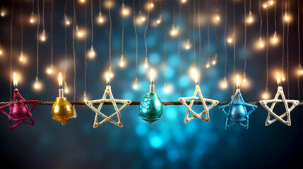 presents and neon star of David for Hannukah