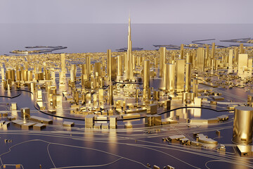 Aerial view of downtown Dubai with Burj Khalifa. Low-poly miniature city. All buildings are made of gold. Concept of gold market and real estate, luxury - obrazy, fototapety, plakaty