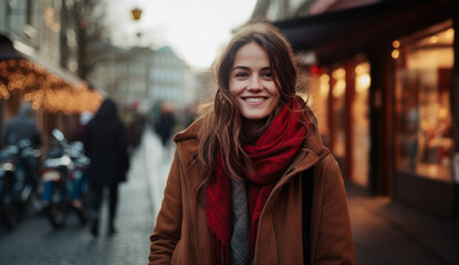 Fototapeta premium Young woman enjoying her winter holidays through Europe