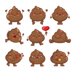 Cute funny poop with arms and legs. Cartoon kawaii characters. Emoticon face. Hand drawn style. Vector drawing. Collection of design elements.
