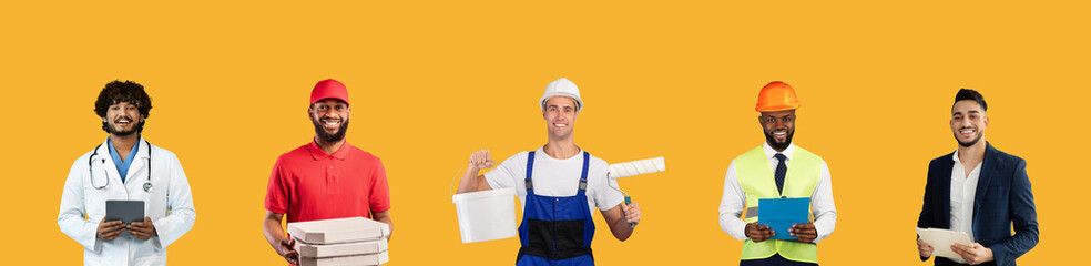 Group of happy men working in different spheres posing on yellow background