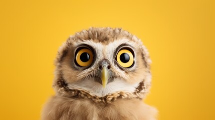 A young owl or owlet portrait in a yellow studio. AI Generated. This image evokes surprise, suspicion, questioning, and knowledge through the use of the owl's huge eyes and curious personality.