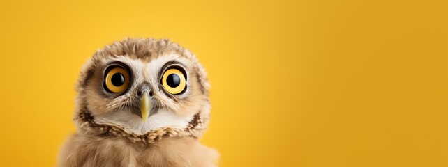 A young owl or owlet portrait in a dark studio. AI Generated. This image evokes surprise, suspicion, questioning, and knowledge through the use of the owl's huge eyes and curious personality. - obrazy, fototapety, plakaty