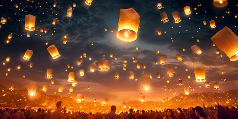 flying lanterns in lantern festival - obrazy, fototapety, plakaty