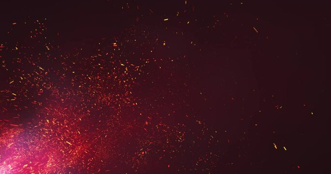 Sparks from the fire flying upwards with a swirl, blown away by the wind. Red sparks on a red background. Abstract animation.