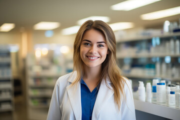Obraz premium Friendly Pharmacy Staff in White-Blue Attire
