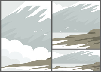 Cold landscape of arctic or Antarctica. Snow, rocks, mountains and sea. Wildlife of Iceland, Norway, Alaska. Nature and travel. Flat vector illustration for background. Set image © Mikhail