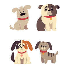 Cute dogs vector set. Cartoon dog or puppy characters design collection with flat color in different poses. Set of funny pet animals isolated on white background.