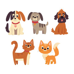 Cute cats and dogs  set. Cartoon dog or puppy and cats characters design collection with flat color in different poses. Set of funny pet animals isolated on white background.