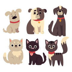 Cute cats and dogs  set. Cartoon dog or puppy and cats characters design collection with flat color in different poses. Set of funny pet animals isolated on white background.