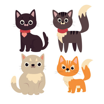 cats vector set. Cartoon cats and kittens characters design collection with flat color in different poses. Set of funny pet animals isolated on white background.