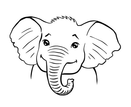 Portrait of a cute baby elephant. Happy smile on face. Friendly children character. African wild animal. Vector art illustration. Black and white sketch. Hand drawn line