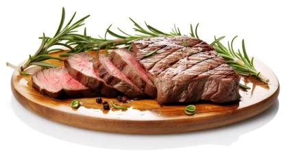 Foto op Canvas A piece of steak on a cutting board with a sprig of rosemary © Friedbert