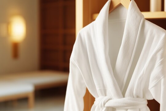 Close up of soft terry cloth spa bathrobe on the hanger