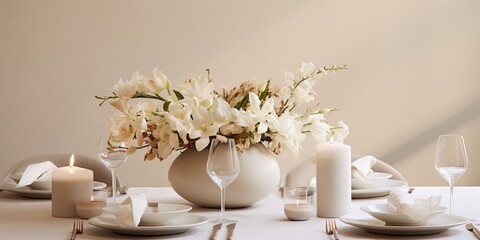 Beautiful dinner table setting with white flowers for a dinner, wedding reception or other festive event, with wine glasses, utensils and lighted aroma candles on white elegant background. - obrazy, fototapety, plakaty