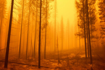Fototapeta premium Searing Wildfire: Forest Covered in Thick Smoke