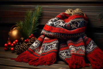 A beautifully knitted winter scarf in festive colors hanging on a rustic wooden hook, evoking the warmth and coziness of Christmas