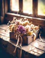 Old wooden box filled with dried flowers and ribbons by rustic window 