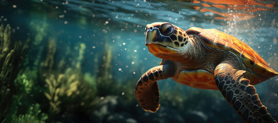 Graceful Sea Turtle Swimming Amidst Coral Reef with Sunlit Bubbles