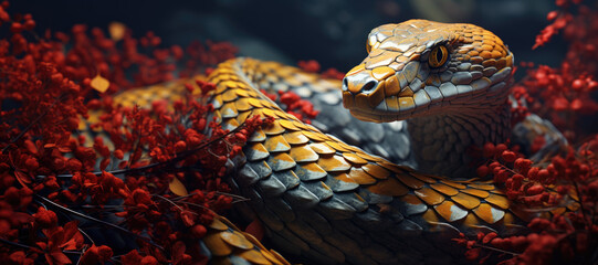 Captivating Viper with Golden Eyes Amidst Vibrant Red Foliage