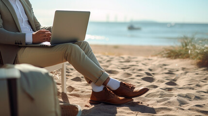hombre de negocios trabajando con laptop en la playa a orillas del mar  - obrazy, fototapety, plakaty