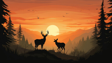 Deer Family at Sunrise in the Wild