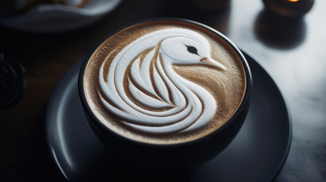  a close up of a cup of coffee with a bird design on the foam on the top of the cup and a candle on the side of the table in the background.  generative ai