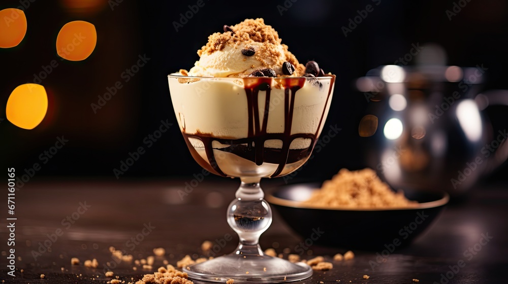 Poster  a dessert dish with ice cream, chocolate sauce, and crumbs on a table next to a cup of coffee and a plate of crumbs on a table.  generative ai