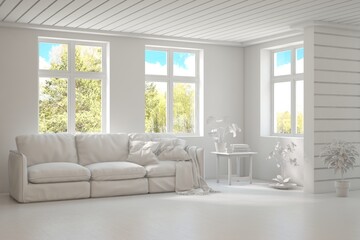 Fototapeta na wymiar Bright interior design with modern furniture and summer landscape in window. 3D illustration