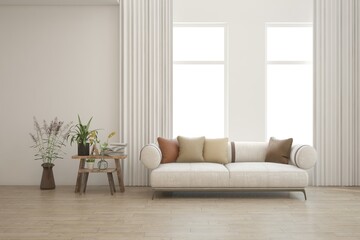 White living room with sofa. Scandinavian interior design. 3D illustration