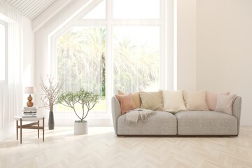 White living room with sofa and summer landscape in window. Scandinavian interior design. 3D illustration