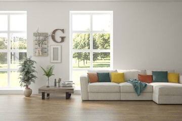 Bright interior design with modern furniture and summer landscape in window. 3D illustration