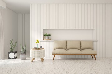 Modern minimalist interior with sofa on empty white color wall background. Interior mockup. Scandinavian interior design. 3D illustration