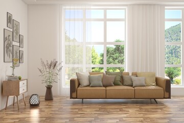 White living room with sofa and summer landscape in window. Scandinavian interior design. 3D illustration